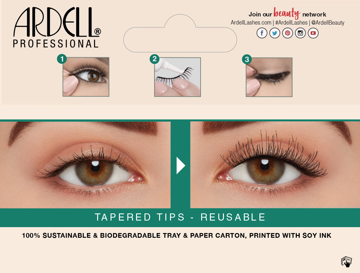 Back details of Ardell's Ecolashes 450 packaging with application & removal instructions & its inclusions