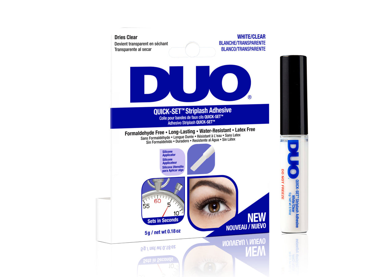 Image of DUO Quick-Set Striplash Adhesive in white/clear packaging, long-lasting, latex-free, and water-resistant.