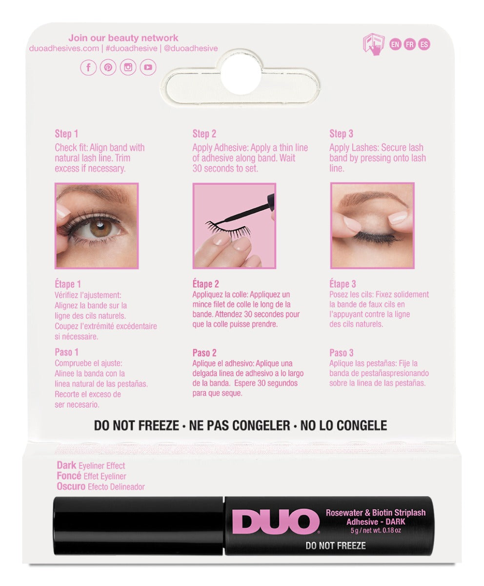 Back details of DUO Rosewater & Biotin Striplash Adhesive box with application & removal instructions