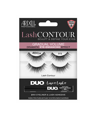 Front view of an Ardell Lash Contour 372 Eye-Enhancing false lashes set in complete retail wall hook packaging