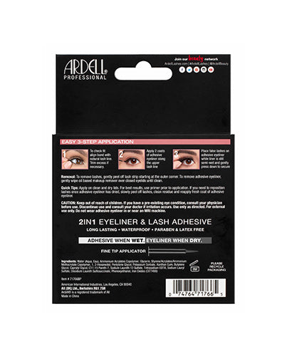 Back details of Ardell Lash Contour 371 Eye-Elongating box featuring instructions and a model's eyes wearing lashes