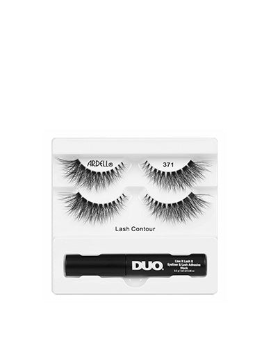 Ardell Lash Contour 371 lashes with voluminous layers, includes DUO liner and lash adhesive.